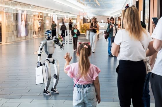 Prekės pristatymas — lankytojai prie roboto prekybos centre