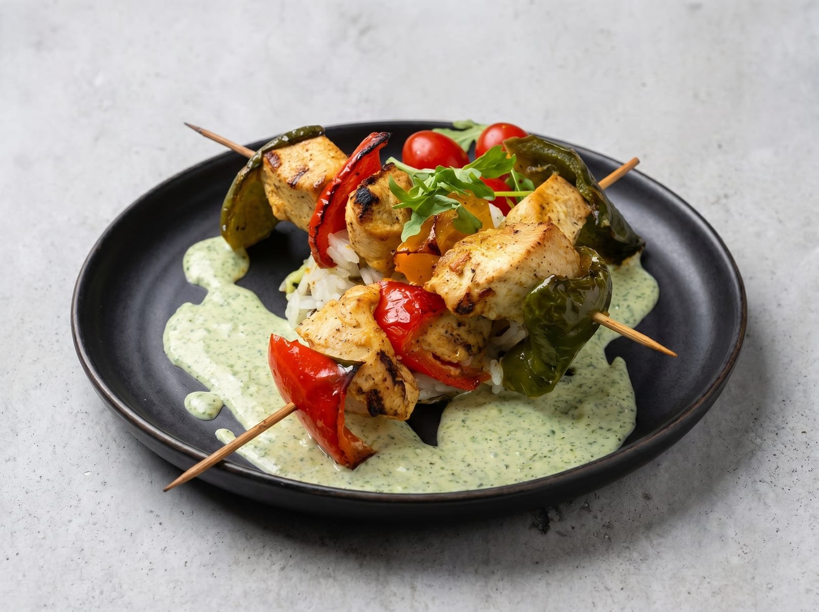AI-enhanced chicken skewer photo for a restaurant menu — studio lighting and clean backdrop