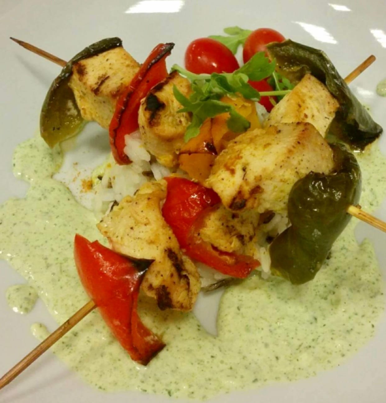 Chicken skewers — phone photo before AI enhancement