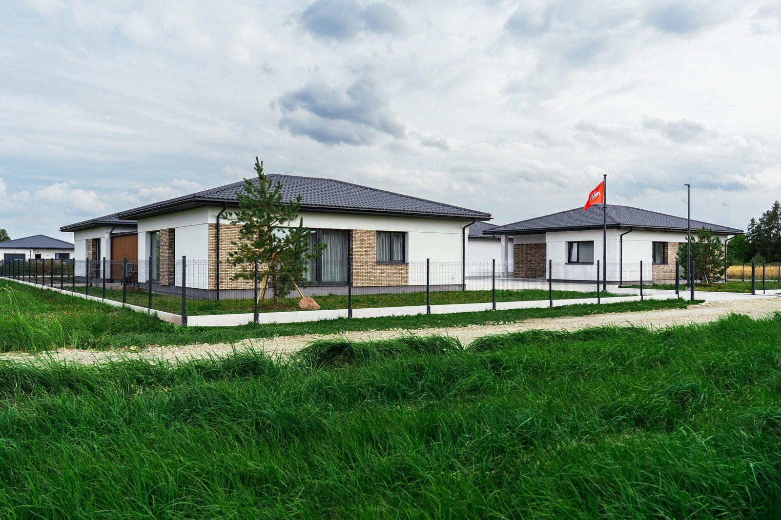 Vieno aukšto baltas namas su plytų apdaila, veja ir jaunu pušaite, už jo kitas kvartalo namas — po retušo